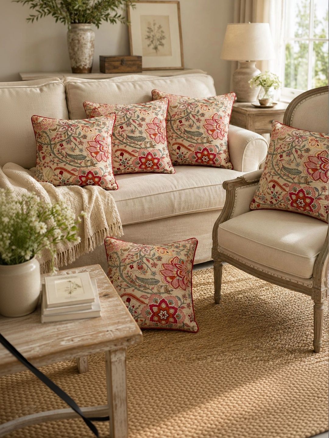 Aura Multicoloured Set of 5 Floral Square Cushion Covers-picture-18