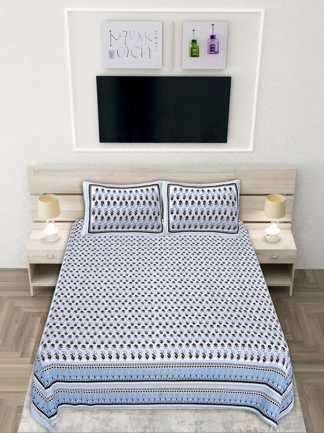 JANGID INDUSTRYS Blue & White 210 TC Bedsheet with 2 Pillow Covers-picture-21