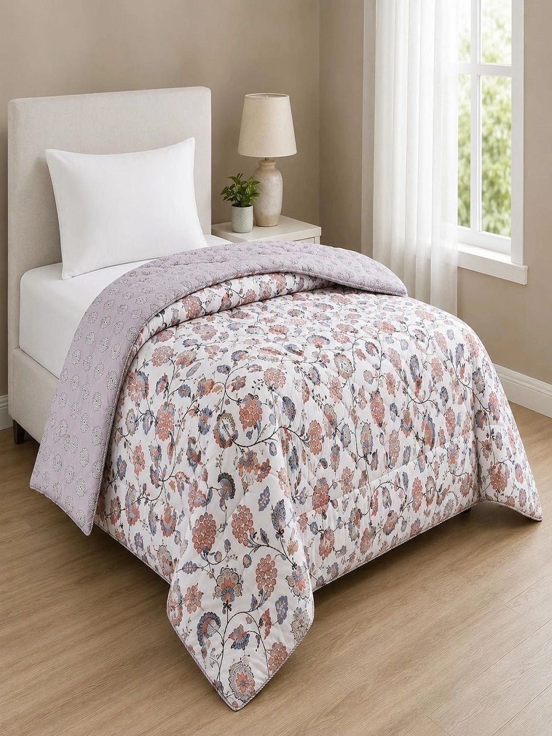 Myntra Elegant Homes Peach-Coloured & White Floral AC Room 210 GSM Quilt-picture-15