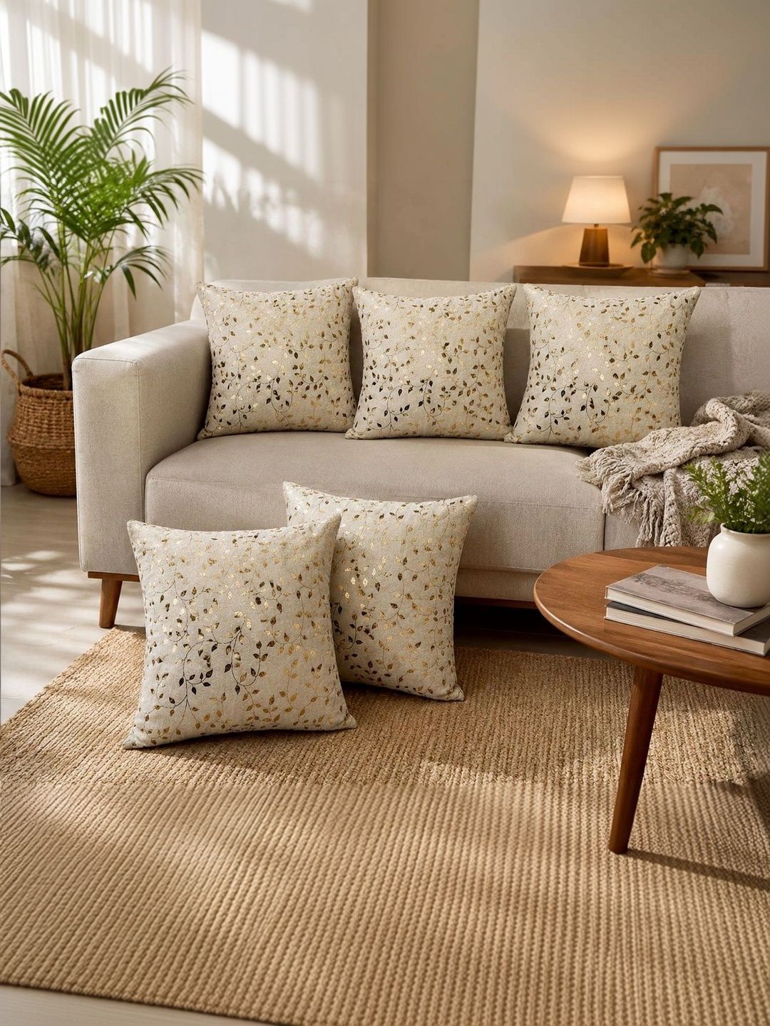 MONKDECOR Gold-Toned Set of 5 Floral Velvet Square Cushion Covers-picture-31
