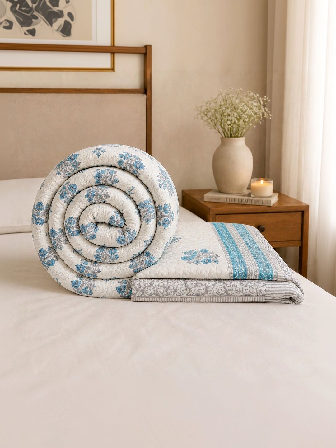 Natriel Blue & White Block Print Print Bedsheets-image-26