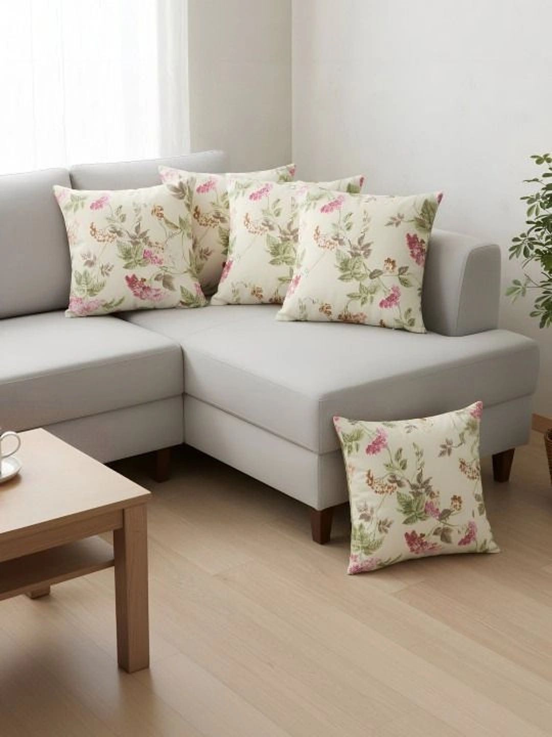 Aura Cream-Coloured Set of 5 Floral Square Cushion Covers-picture-23