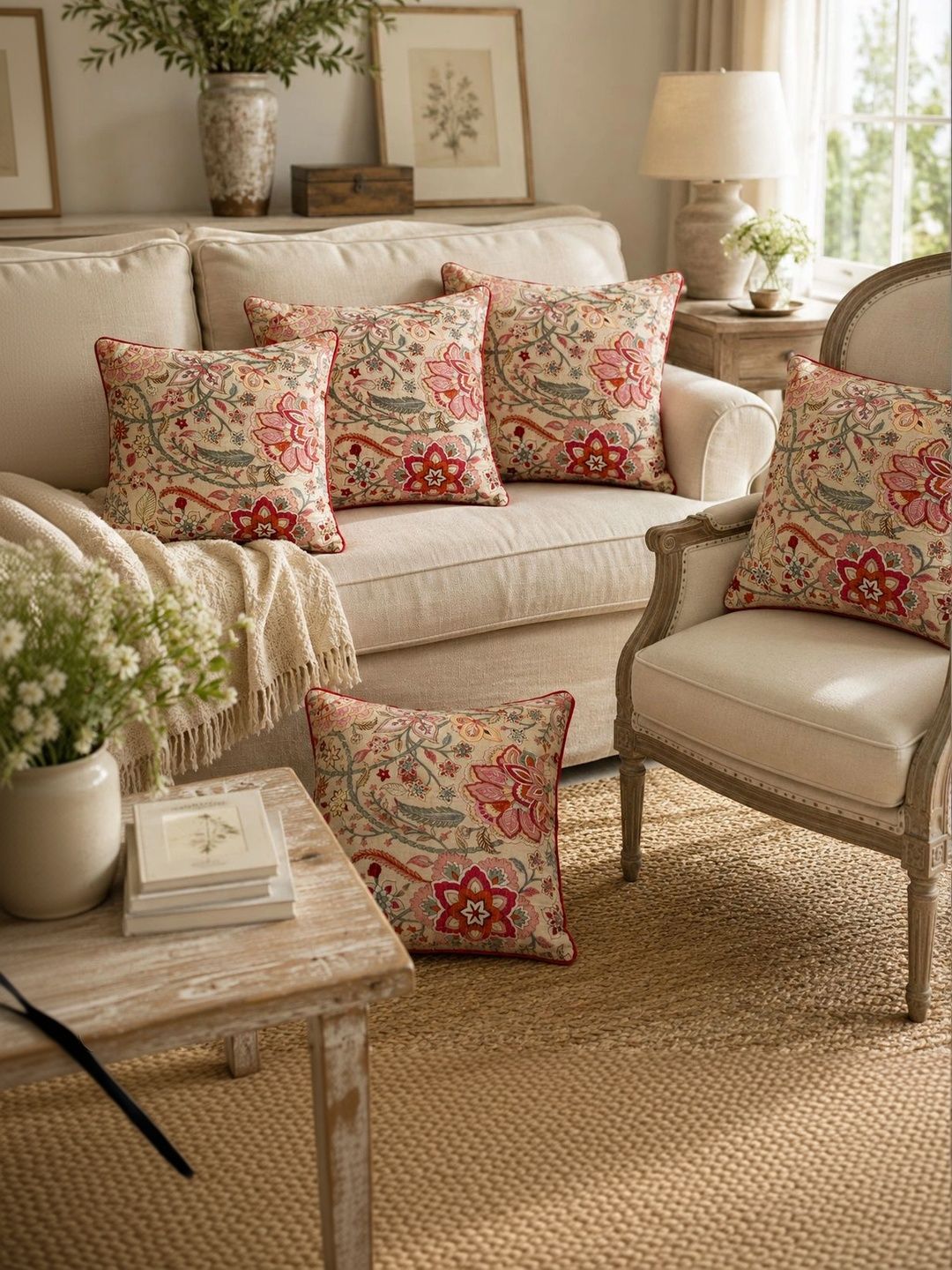 Myntra Elegant Homes Multicoloured Set of 5 Floral Square Cushion Covers-picture-30