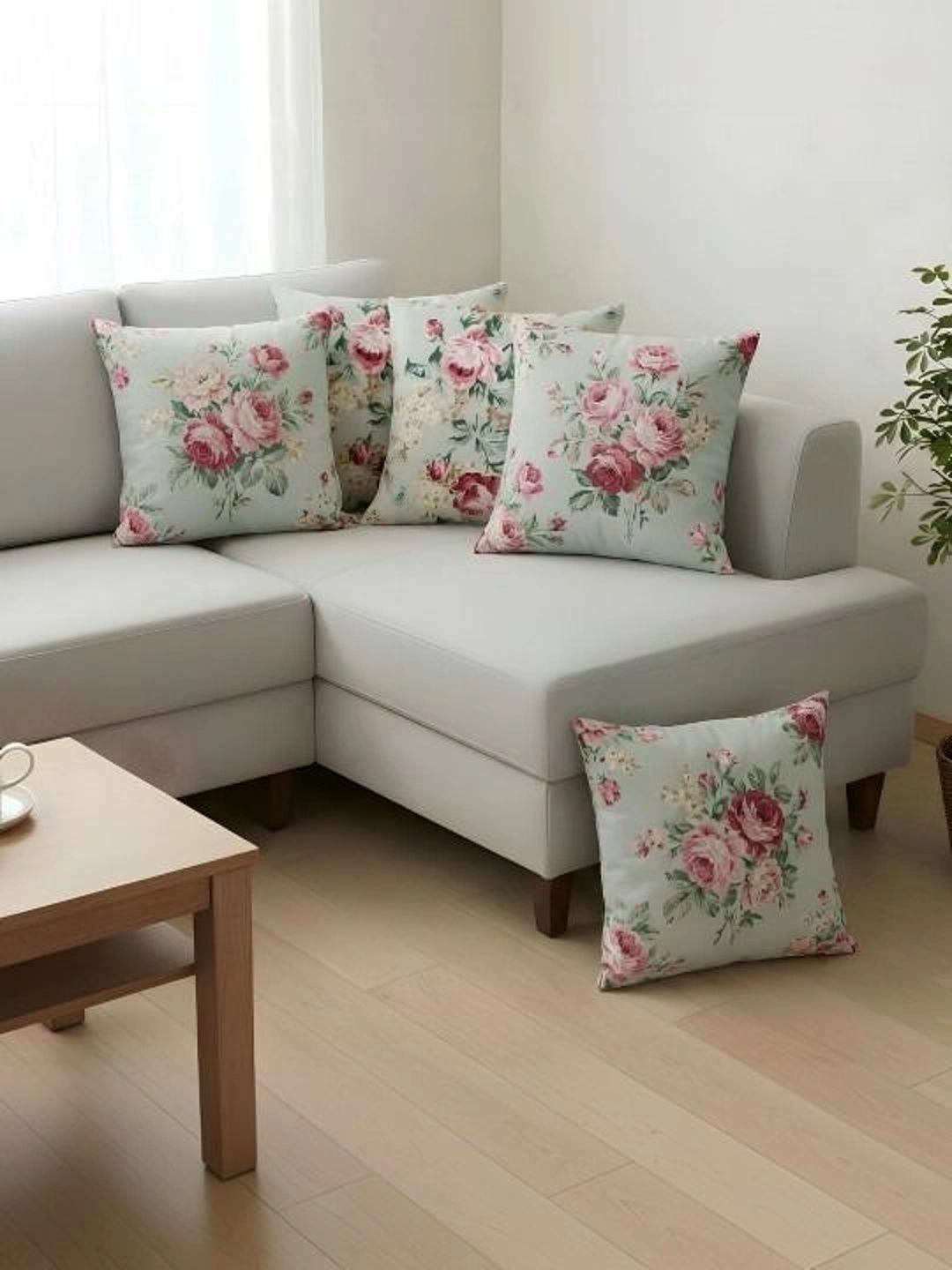 Aura Green & Pink Set of 5 Floral Square Cushion Covers-image-29
