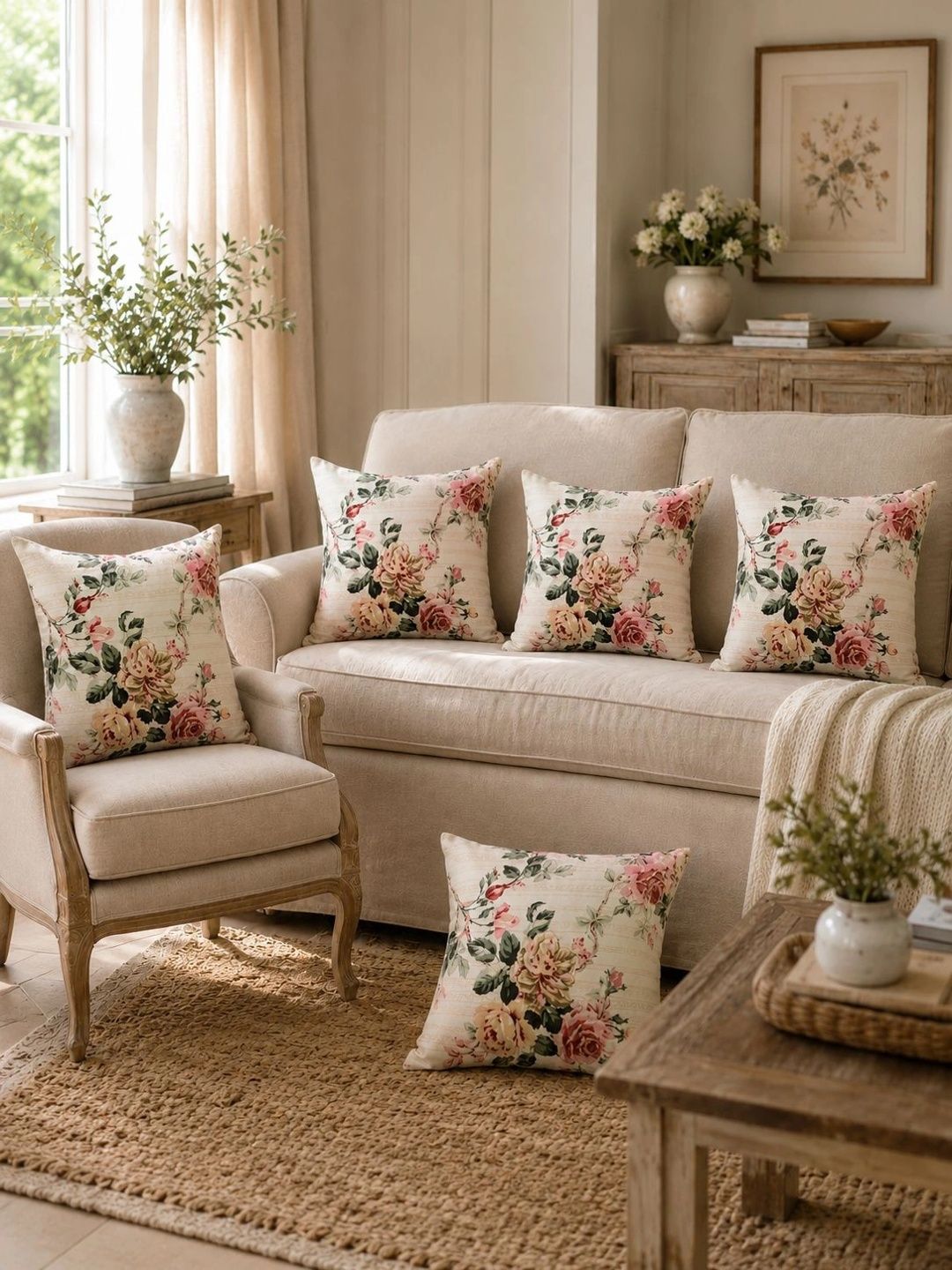 Aura Cream-Coloured & Pink Set of 5 Floral Square Cushion Covers-image-48