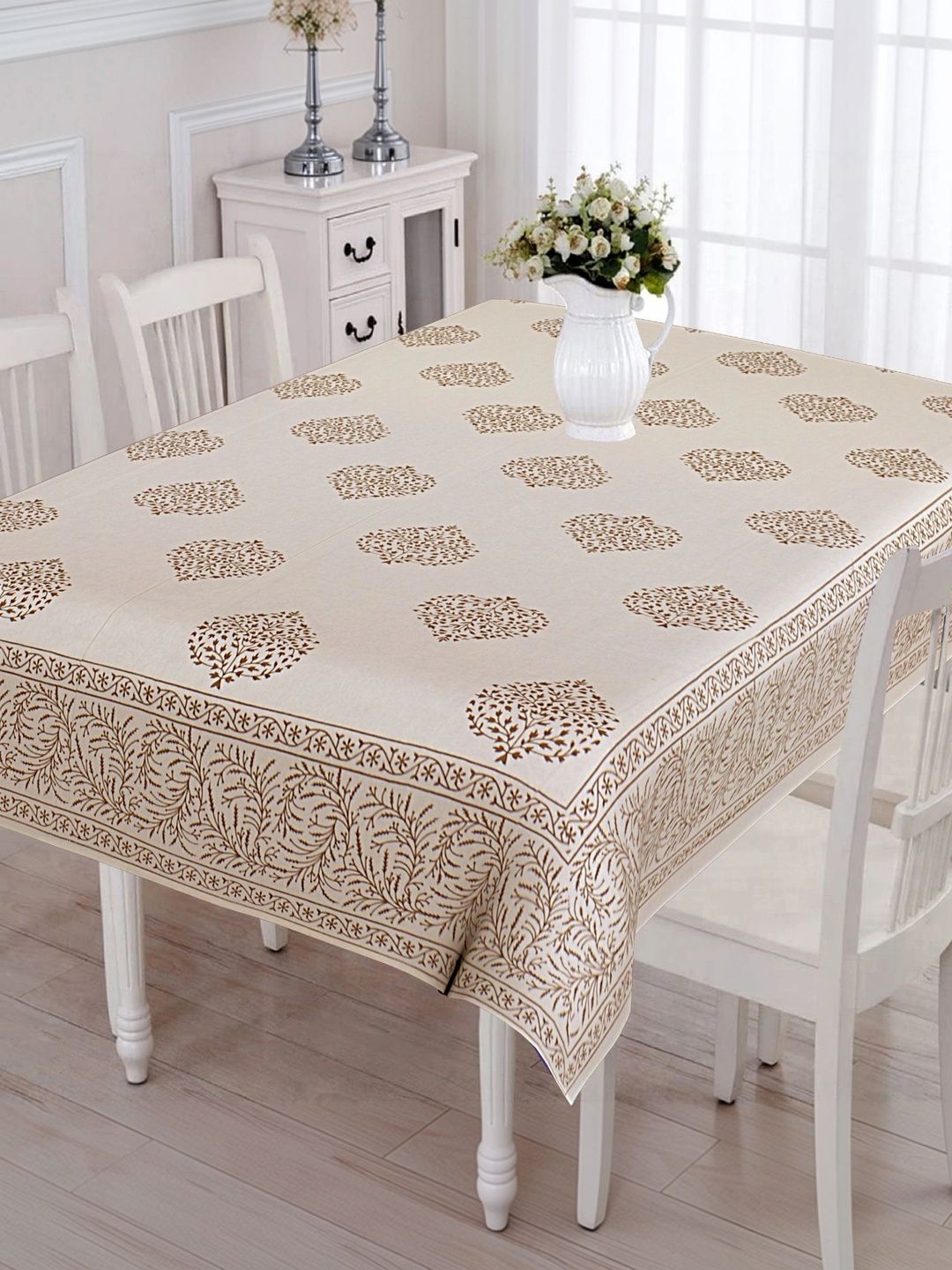 Texstylers Cream-Coloured Floral Anti-Slip Cotton 6-Seater Table Cover-picture-54
