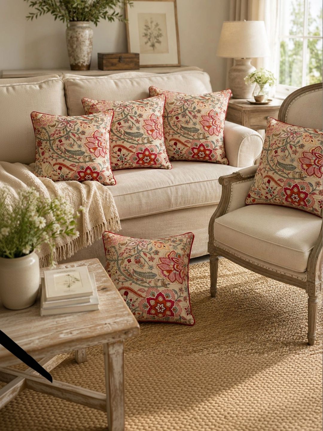 Myntra Elegant Homes Multicoloured Set of 5 Floral Square Cushion Covers-picture-29