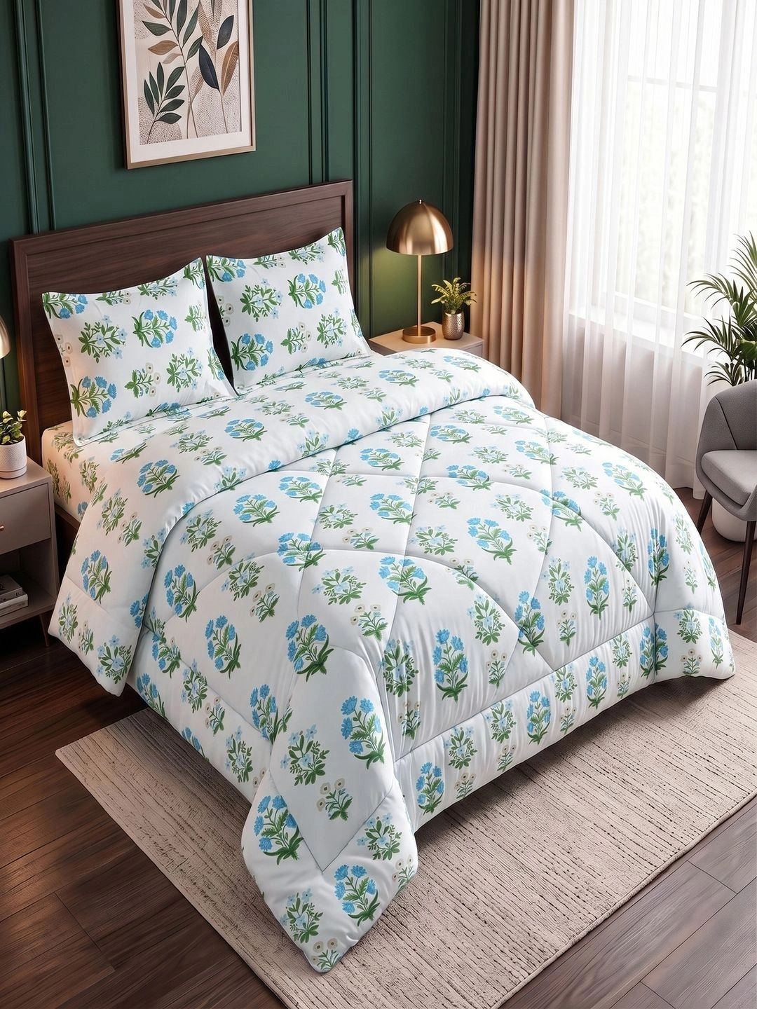 Threadwear Off White & Blue Floral Polycotton 1 Piece Double Queen Regular Bedding Set-picture-25