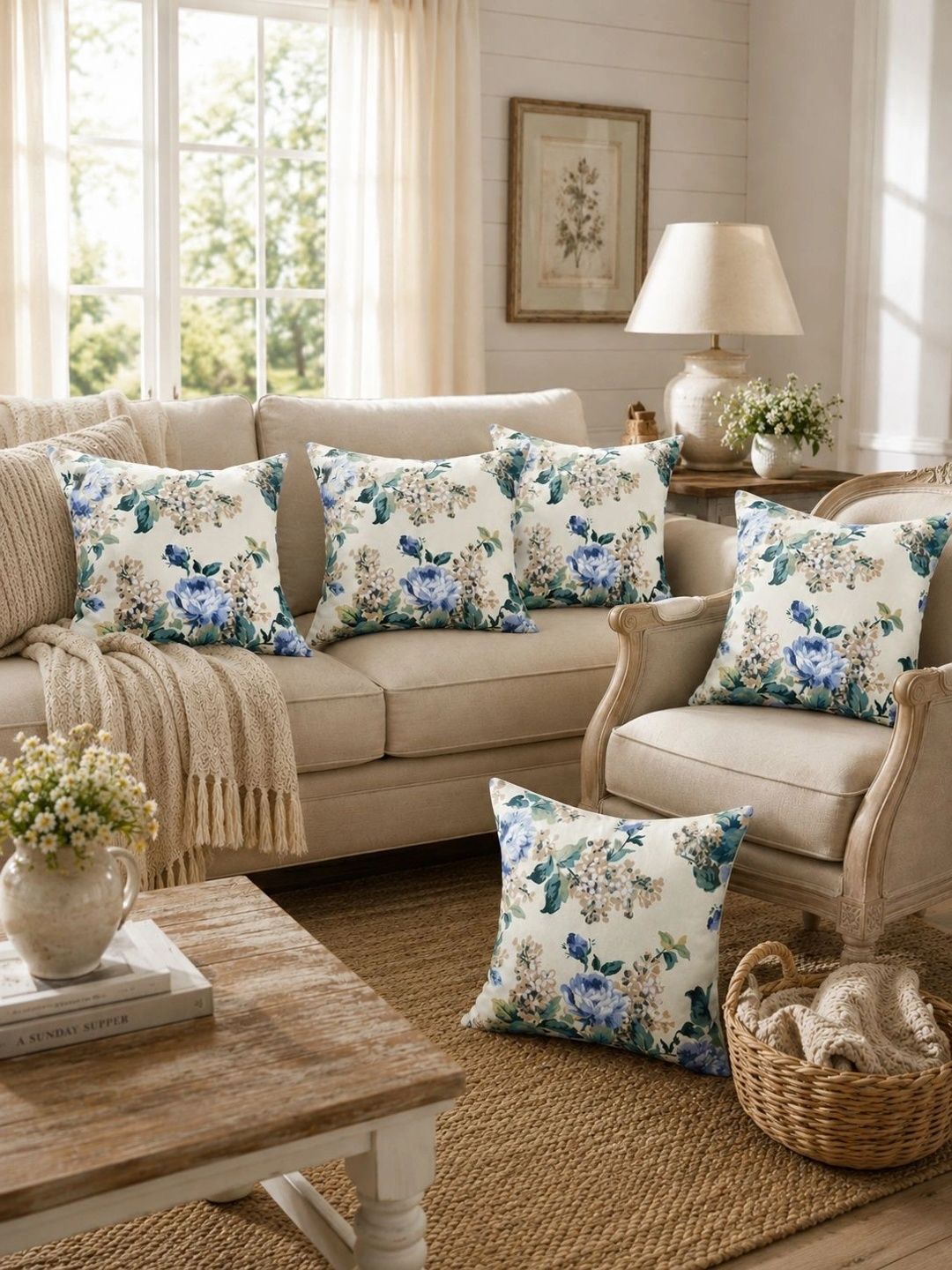 Aura Cream-Coloured & Blue Set of 5 Floral Square Cushion Covers-picture-41