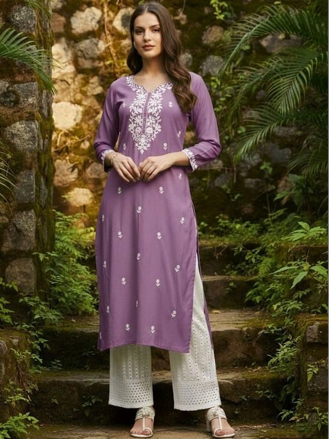 BEAUTYBEATS Floral Embroidered V-Neck Thread Work Thread Work Kurti-image-21