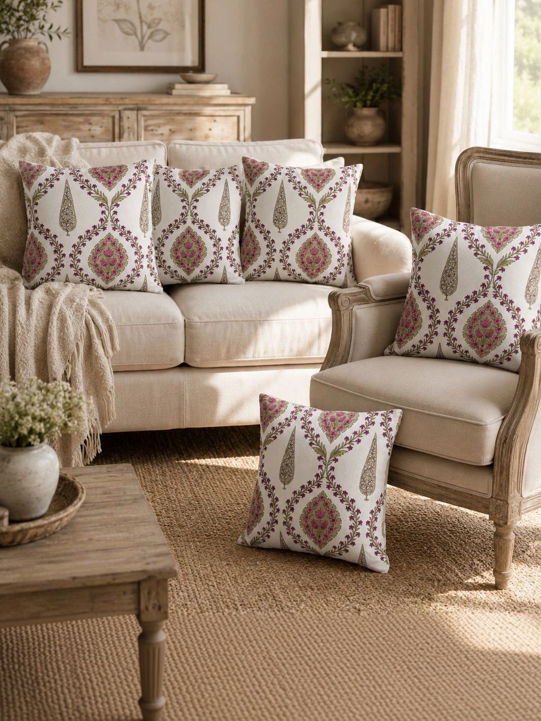 Aura Cream-Coloured & Purple Set of 5 Ethnic Motifs Square Cushion Covers-image-36