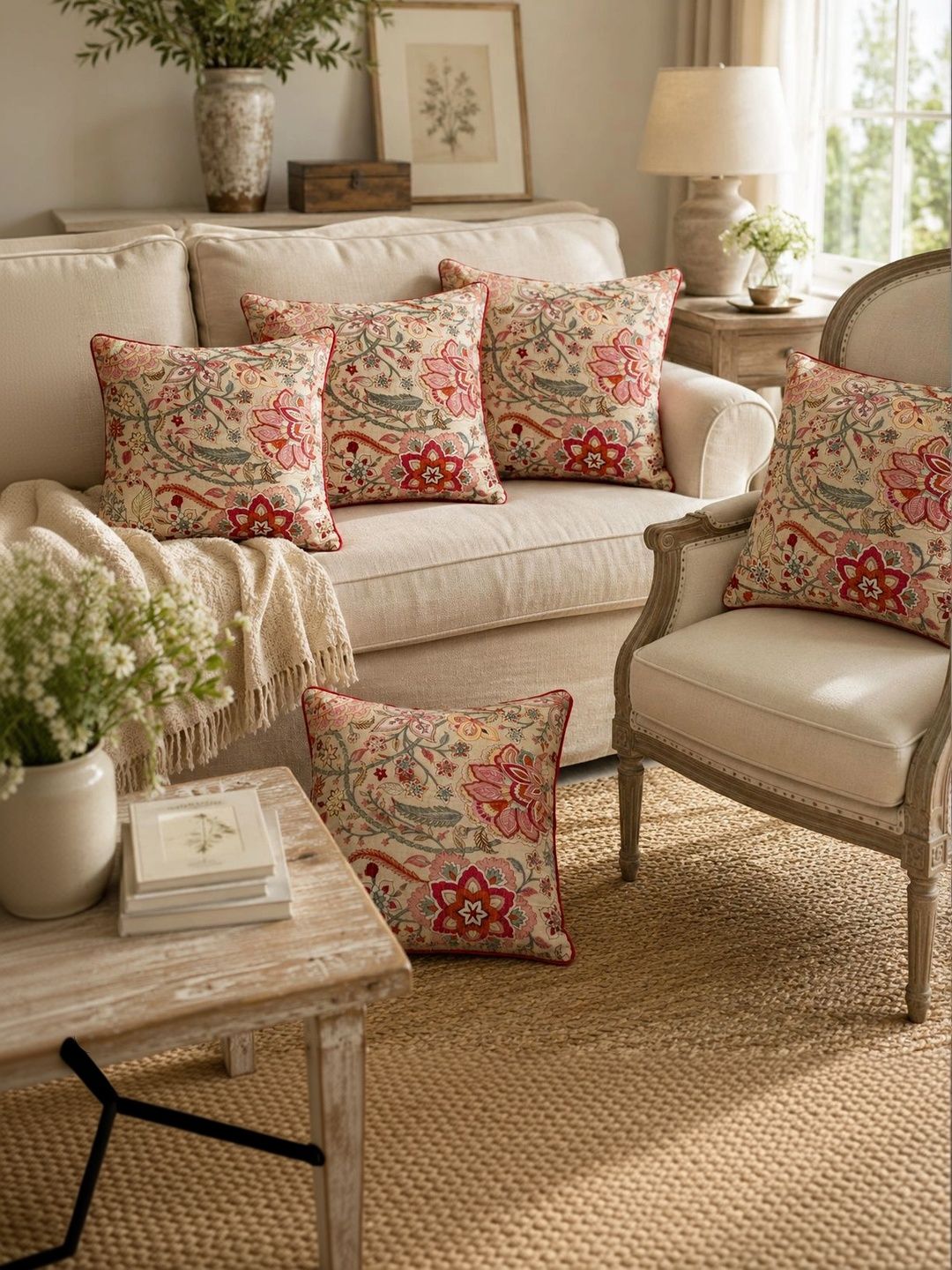 Aura Multicoloured Set of 5 Floral Square Cushion Covers-picture-40