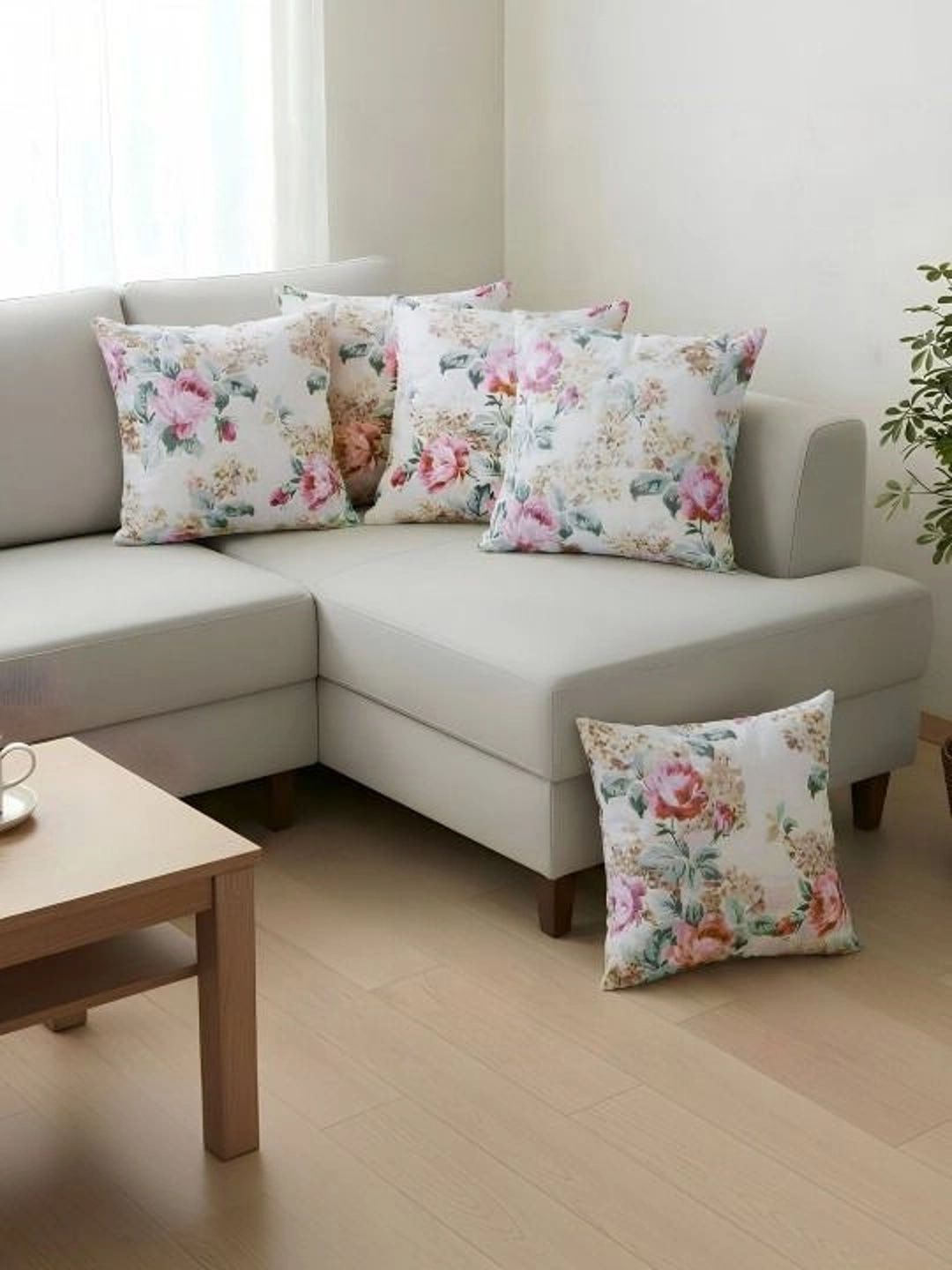 Myntra Elegant Homes Cream-Coloured Set of 5 Floral Square Cushion Covers-picture-50