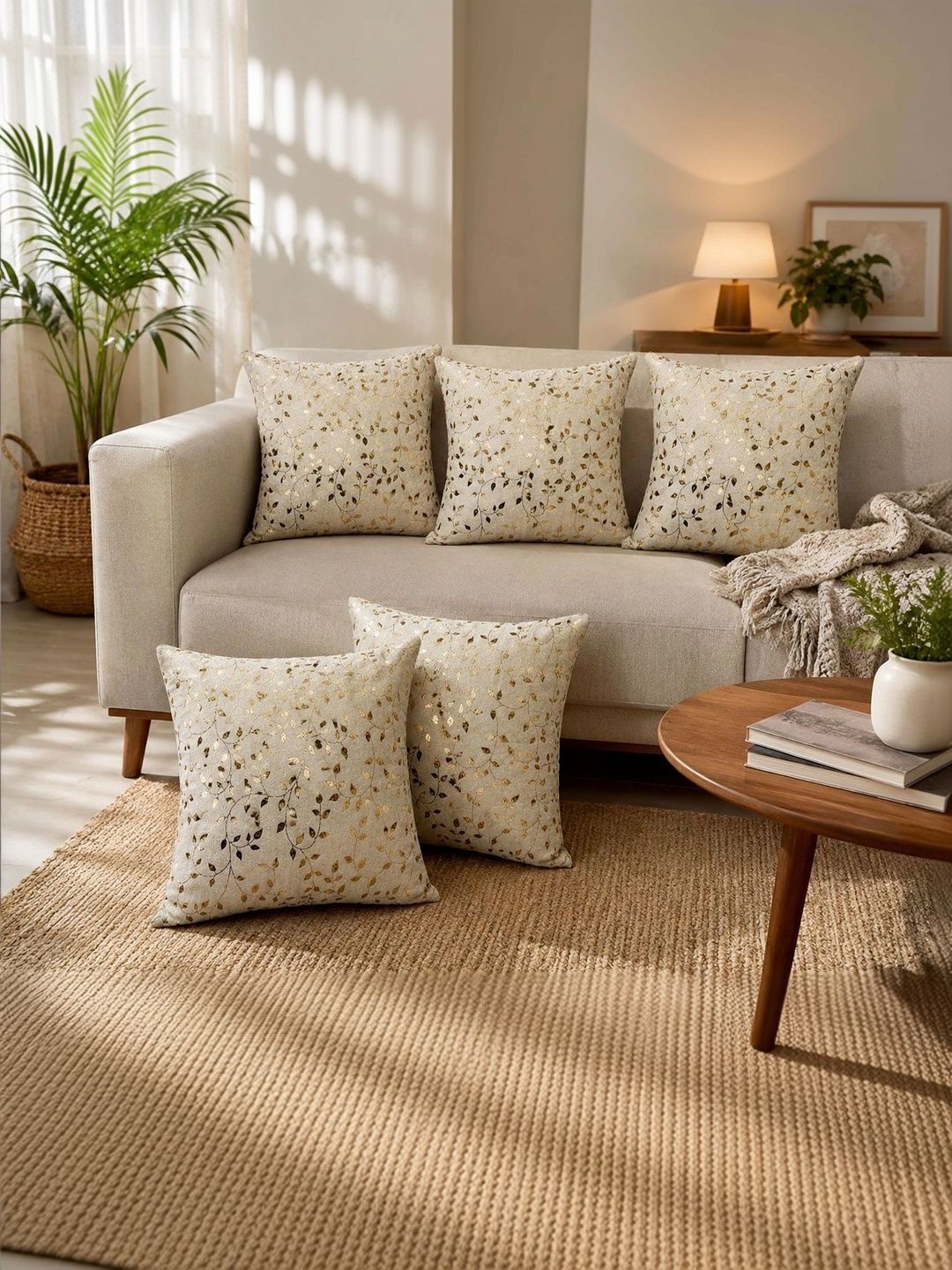 MONKDECOR Gold-Toned Set of 5 Floral Velvet Square Cushion Covers-picture-31