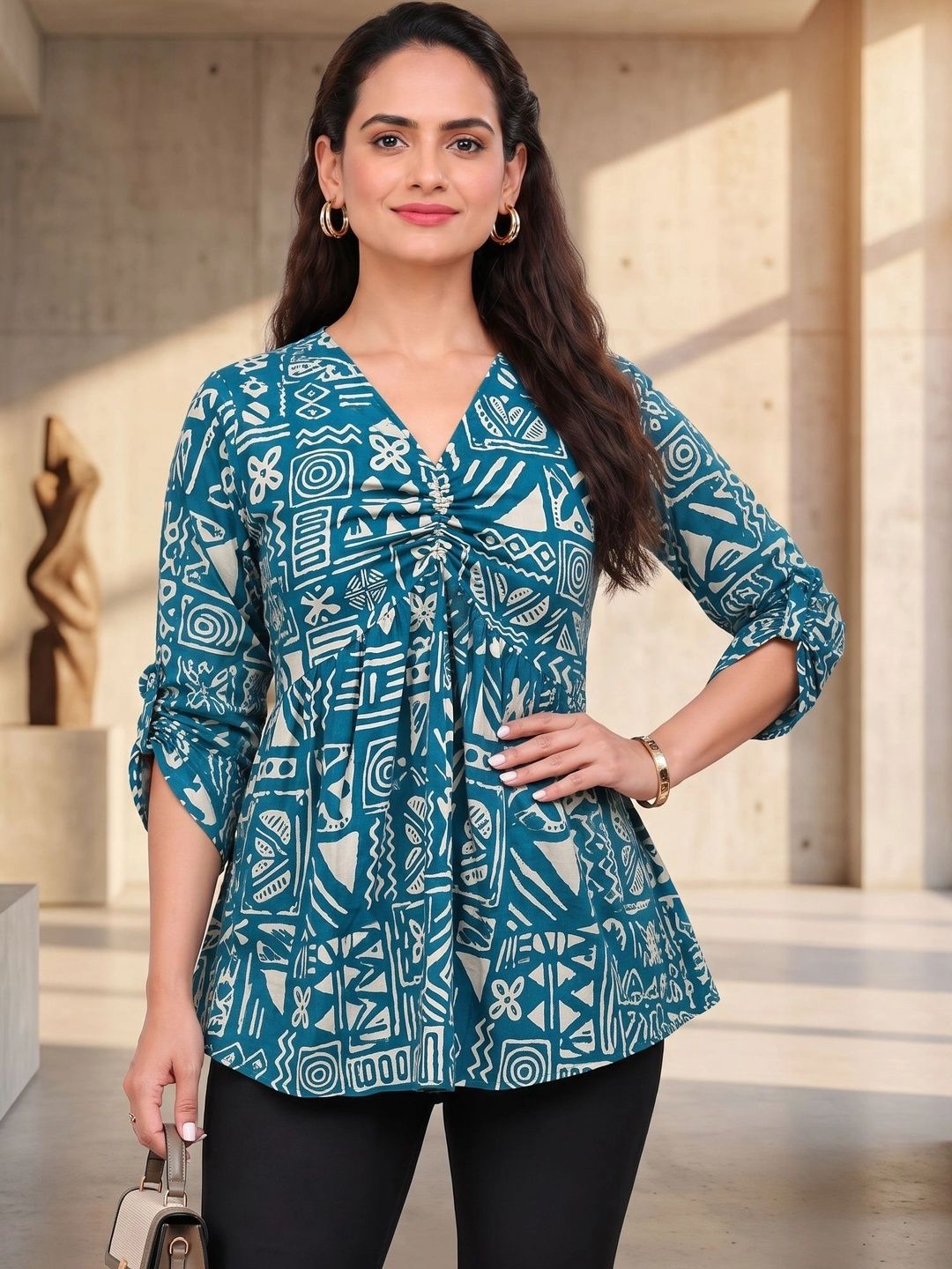 ZELZIS Print Roll-Up Sleeves Cotton Blend Top-image-42
