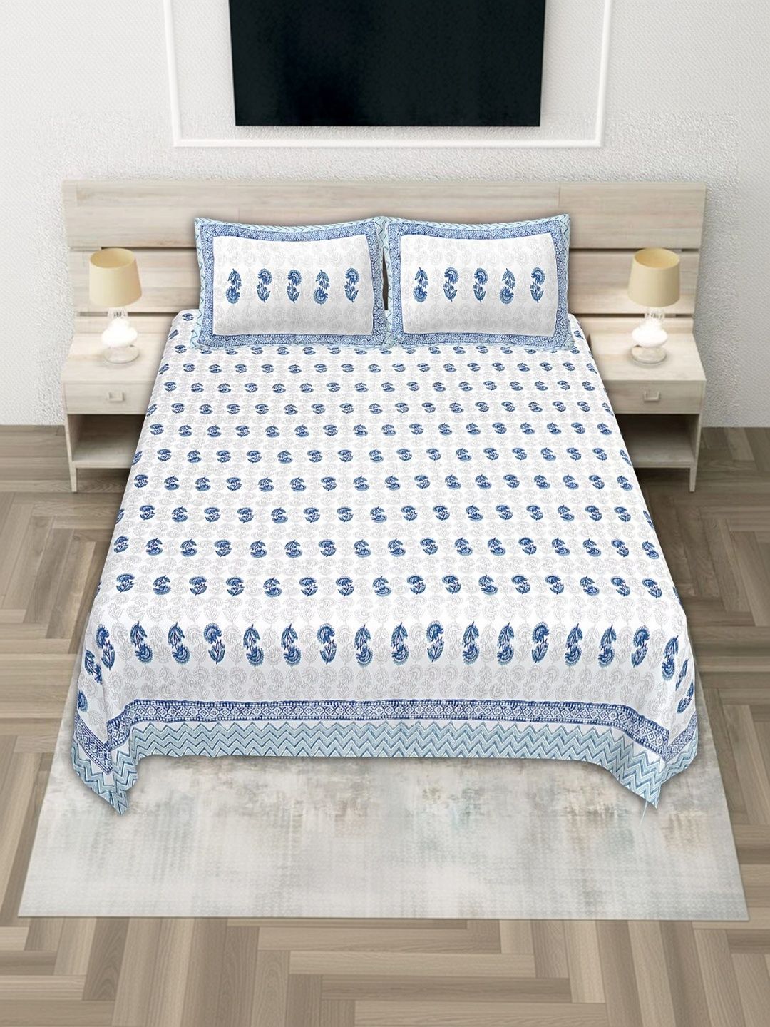 JANGID INDUSTRYS Navy Blue & White 210 TC Bedsheet with 2 Pillow Covers-picture-27
