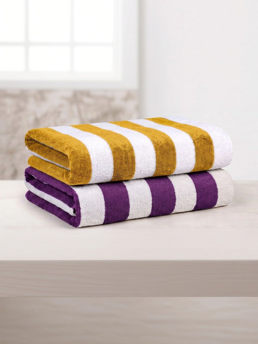 Hornbill Enterprises 2-Pcs Yellow & Blue Striped Pure Cotton 500 GSM Beach Towels-image-45
