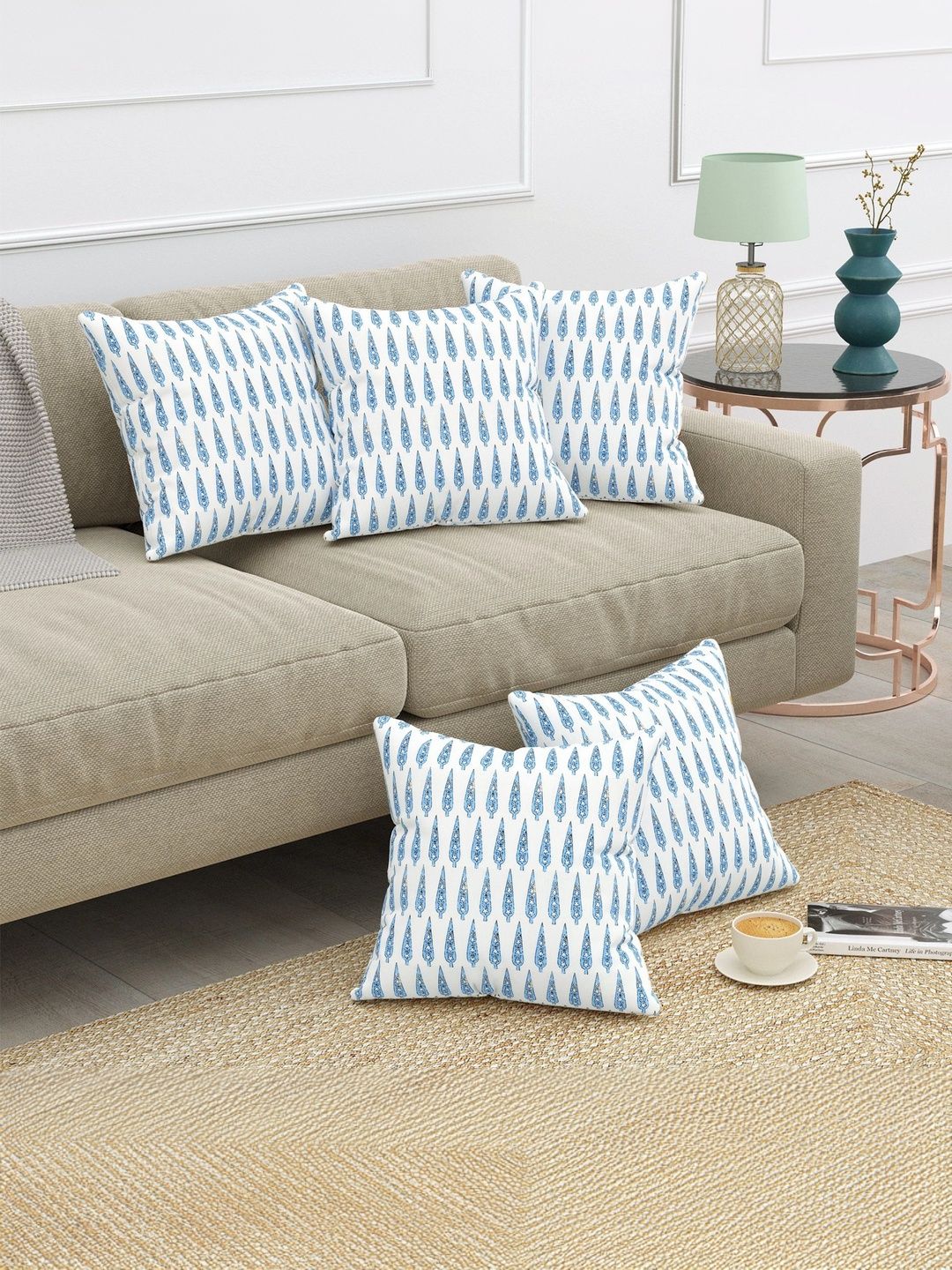 Texstylers Blue & White Set of 5 Square Cushion Covers-picture-30