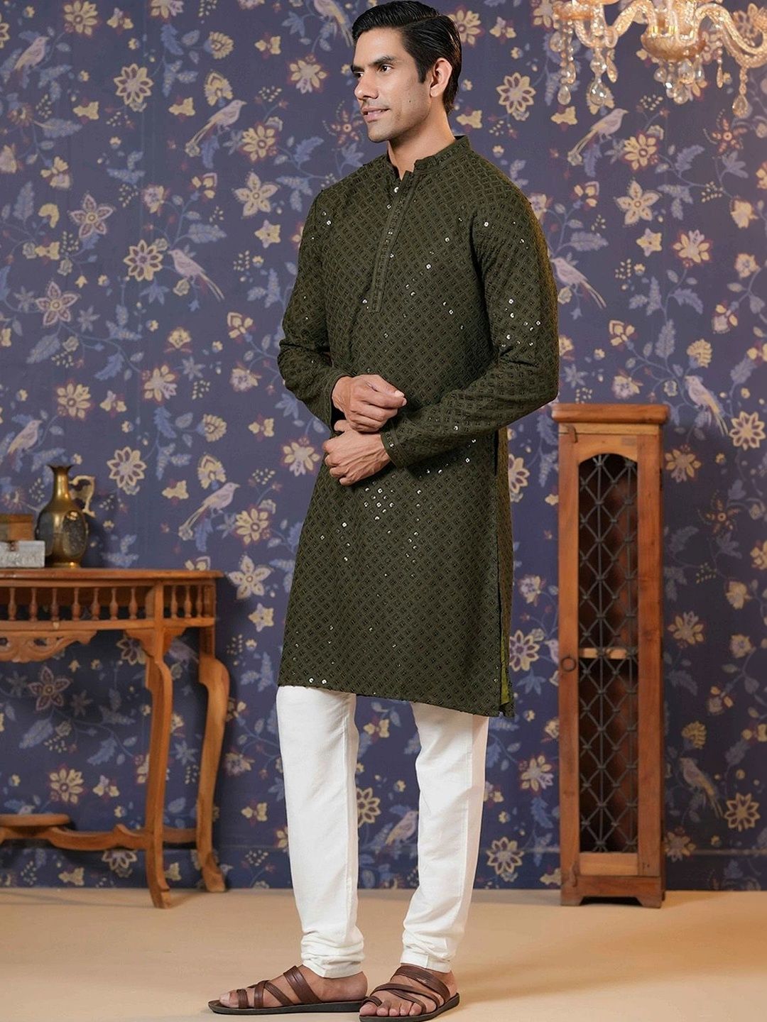 House of Pataudi Men Embellished Sequinned Pure Cotton Straight Kurta-picture-21