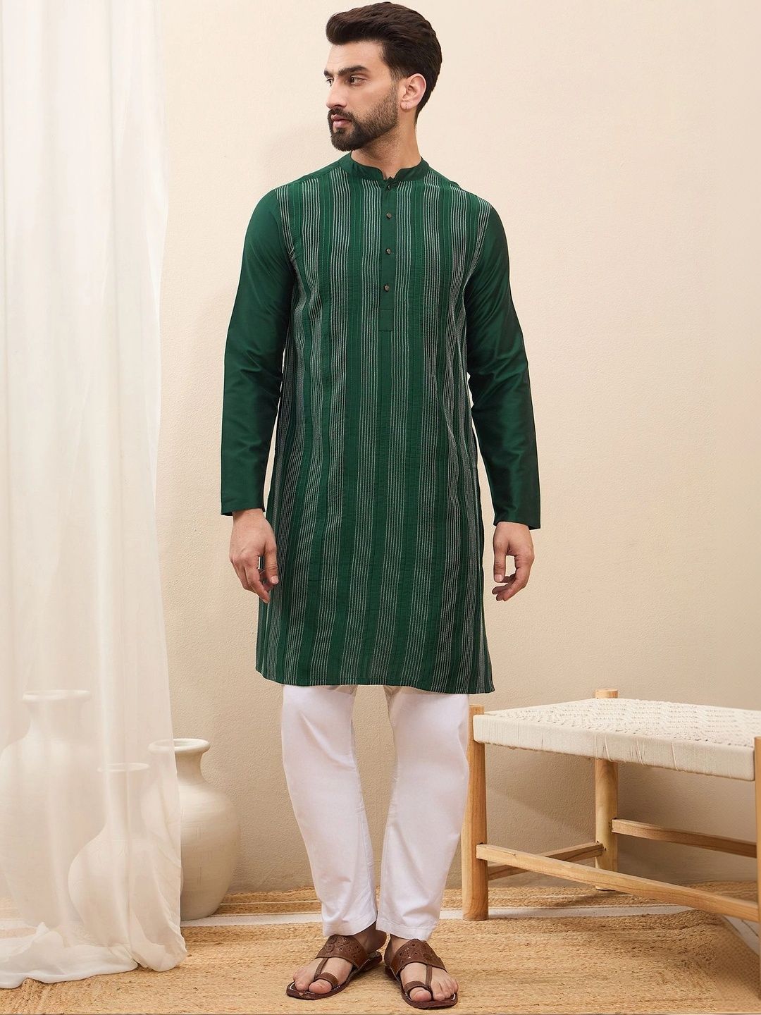 House of Pataudi Men Striped Kurta with Mandarin Collar-picture-11