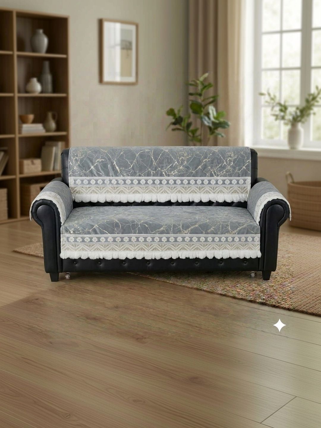 RAINBOW FURNISHINGS Grey & White Viscose Rayon Blend Sofa Cover With Arms-picture-46