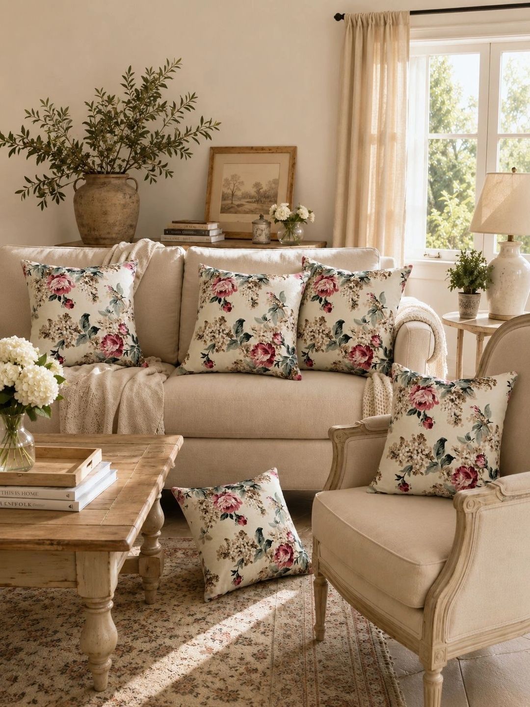 Myntra Elegant Homes Cream-Coloured & Pink Set of 5 Floral Square Cushion Covers-image-11