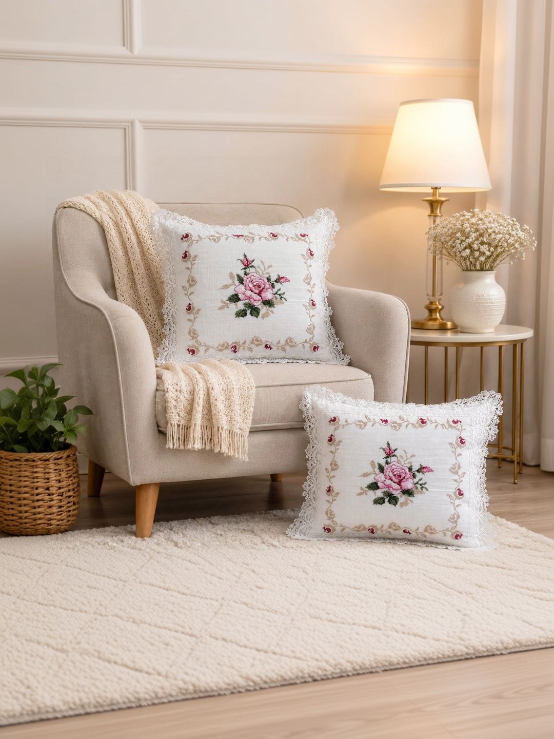 MONKDECOR White Set of 2 Floral Linen Square Cushion Covers-picture-20
