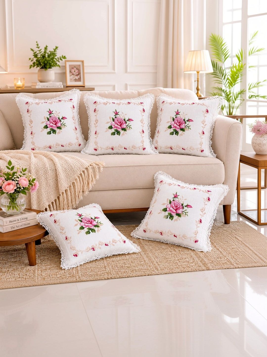 MONKDECOR White Set of 5 Floral Linen Square Cushion Covers-picture-27