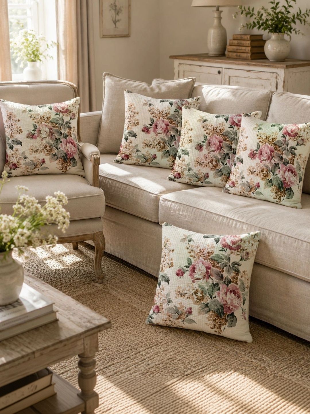 Myntra Elegant Homes Cream-Coloured Set of 5 Floral Square Cushion Covers-image-24