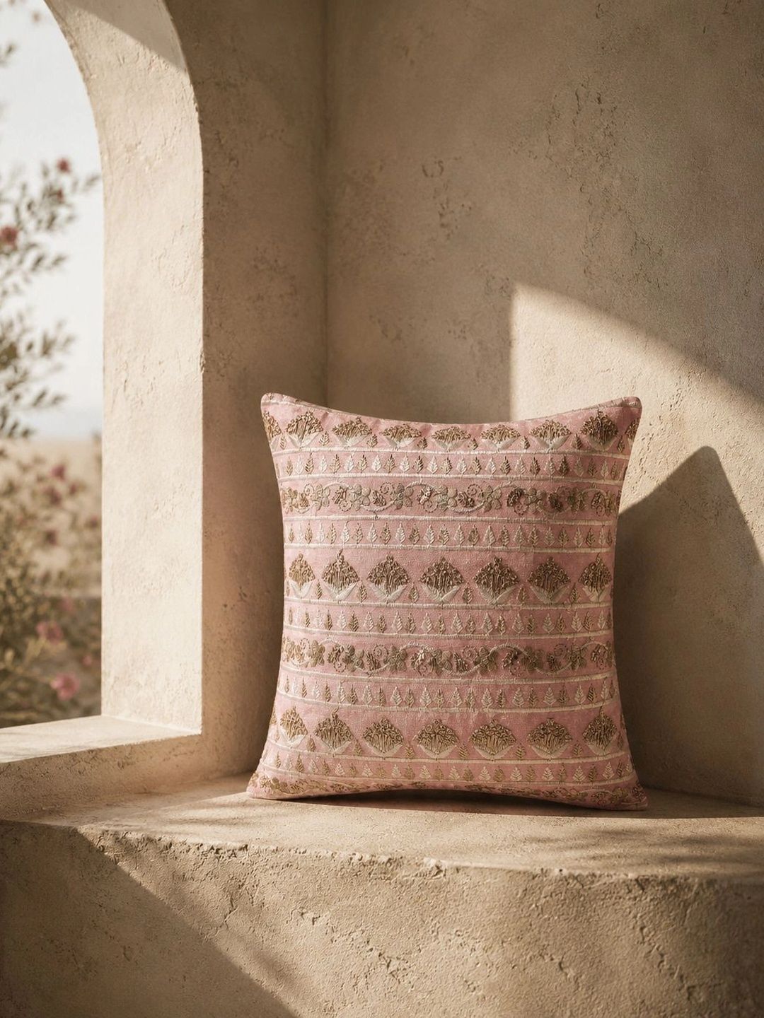Mezposh Pink & Gold-Toned Floral Square Cushion Covers-image-7