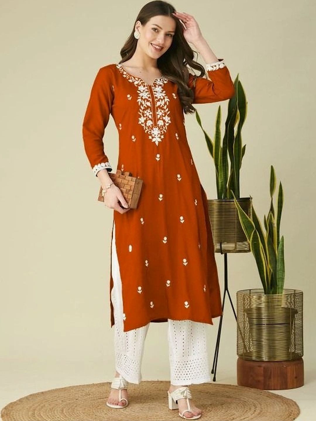 BEAUTYBEATS Ethnic Motifs Embroidered V-Neck Thread Work Thread Work Kurti-image-49