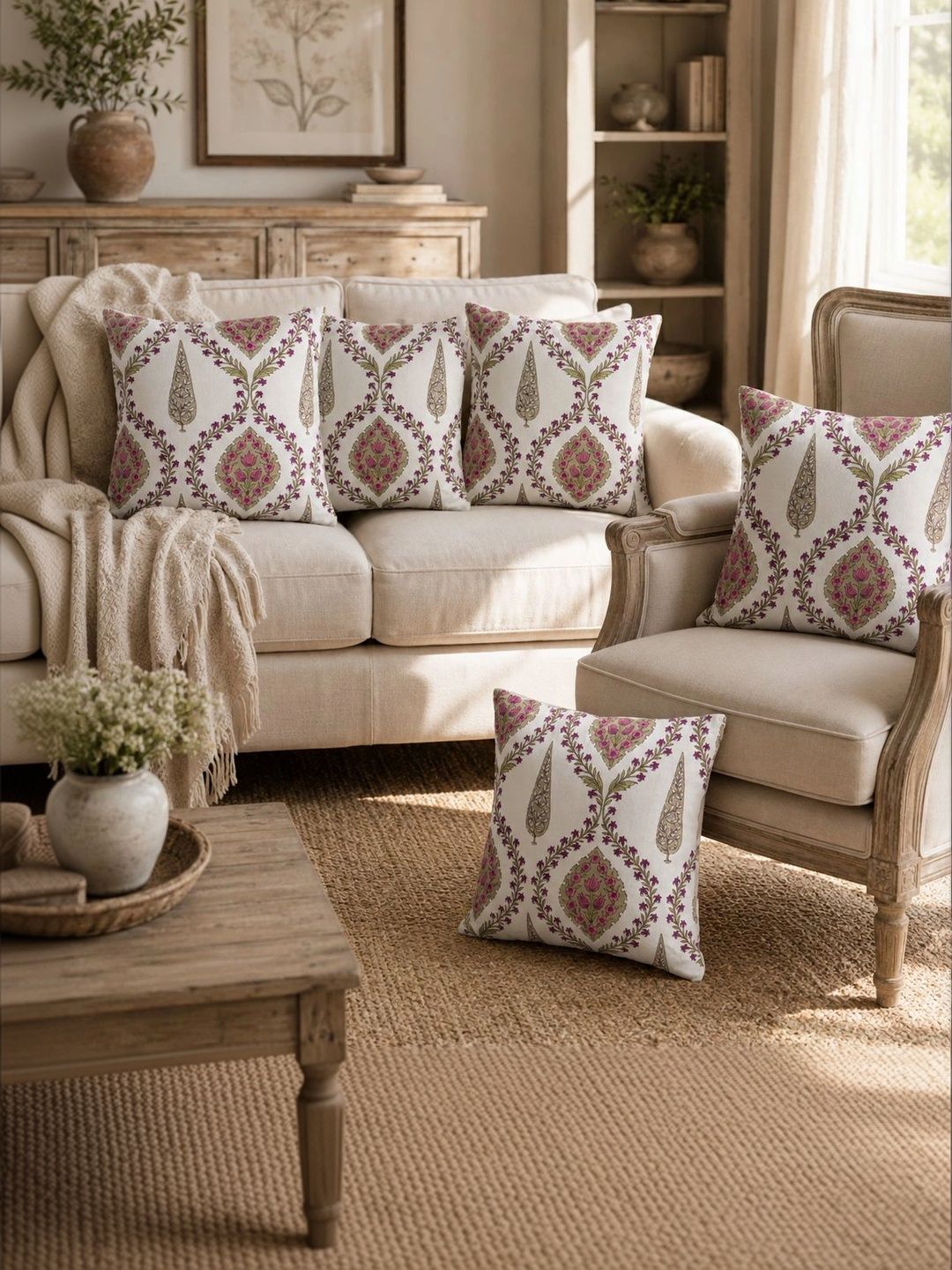 Myntra Elegant Homes Cream-Coloured & Purple Set of 5 Ethnic Motifs Square Cushion Covers-picture-37