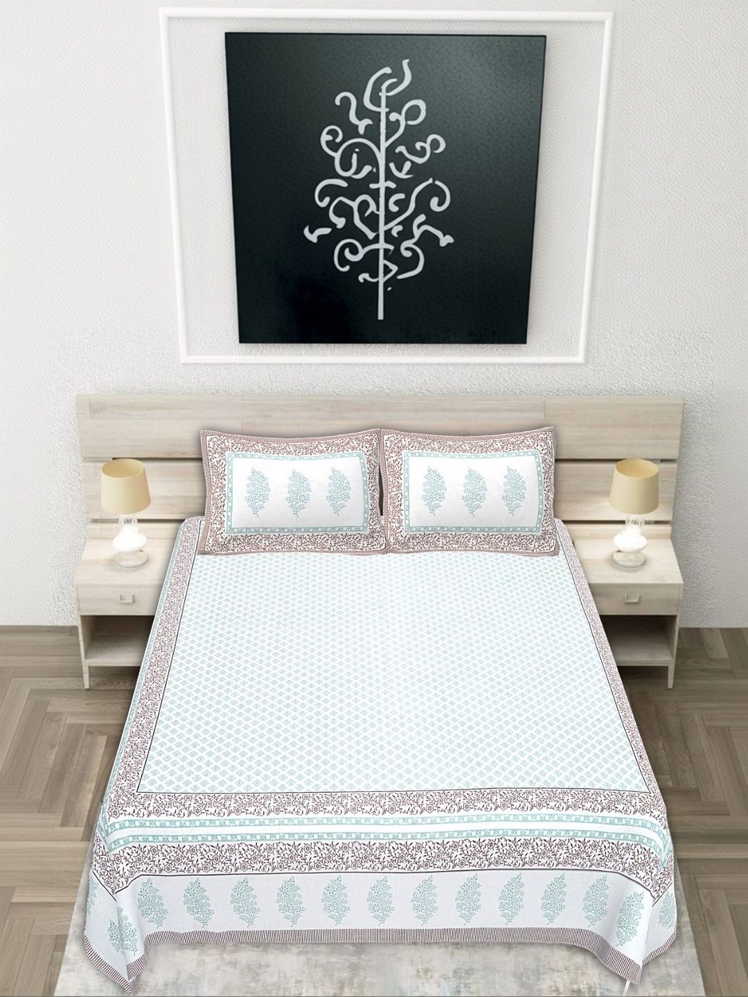 JANGID INDUSTRYS Teal & Burgundy Floral 210 TC Bedsheet with 2 Pillow Covers-image-44