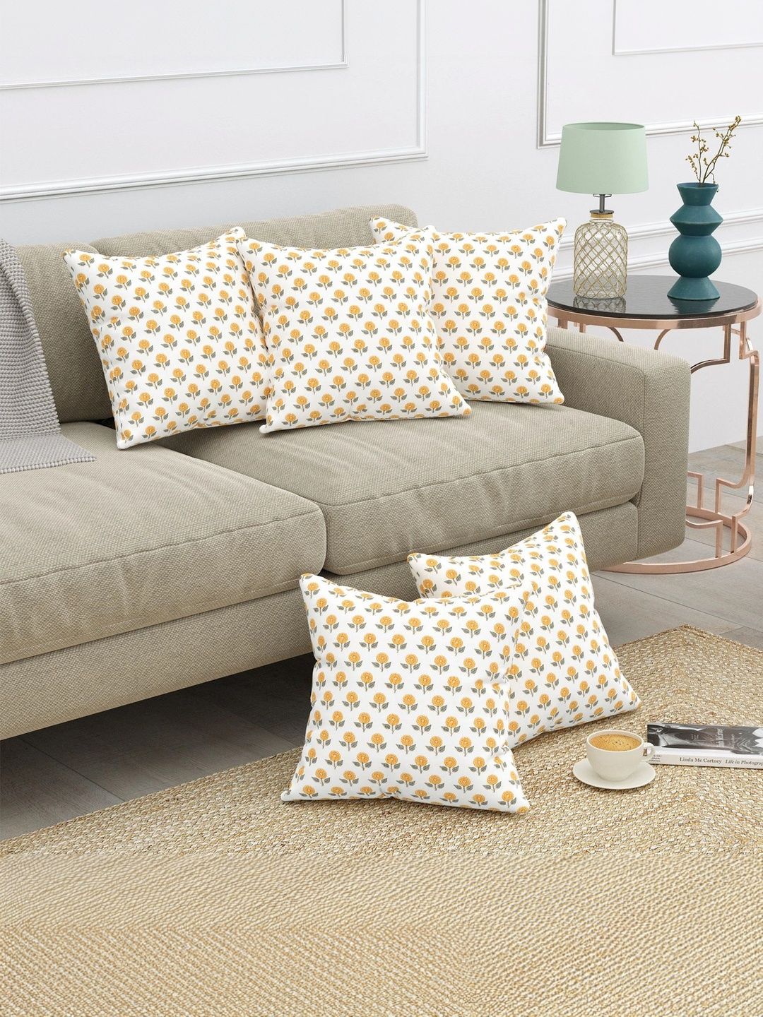Texstylers Gold-Toned & White Set of 5 Floral Square Cushion Covers-picture-15
