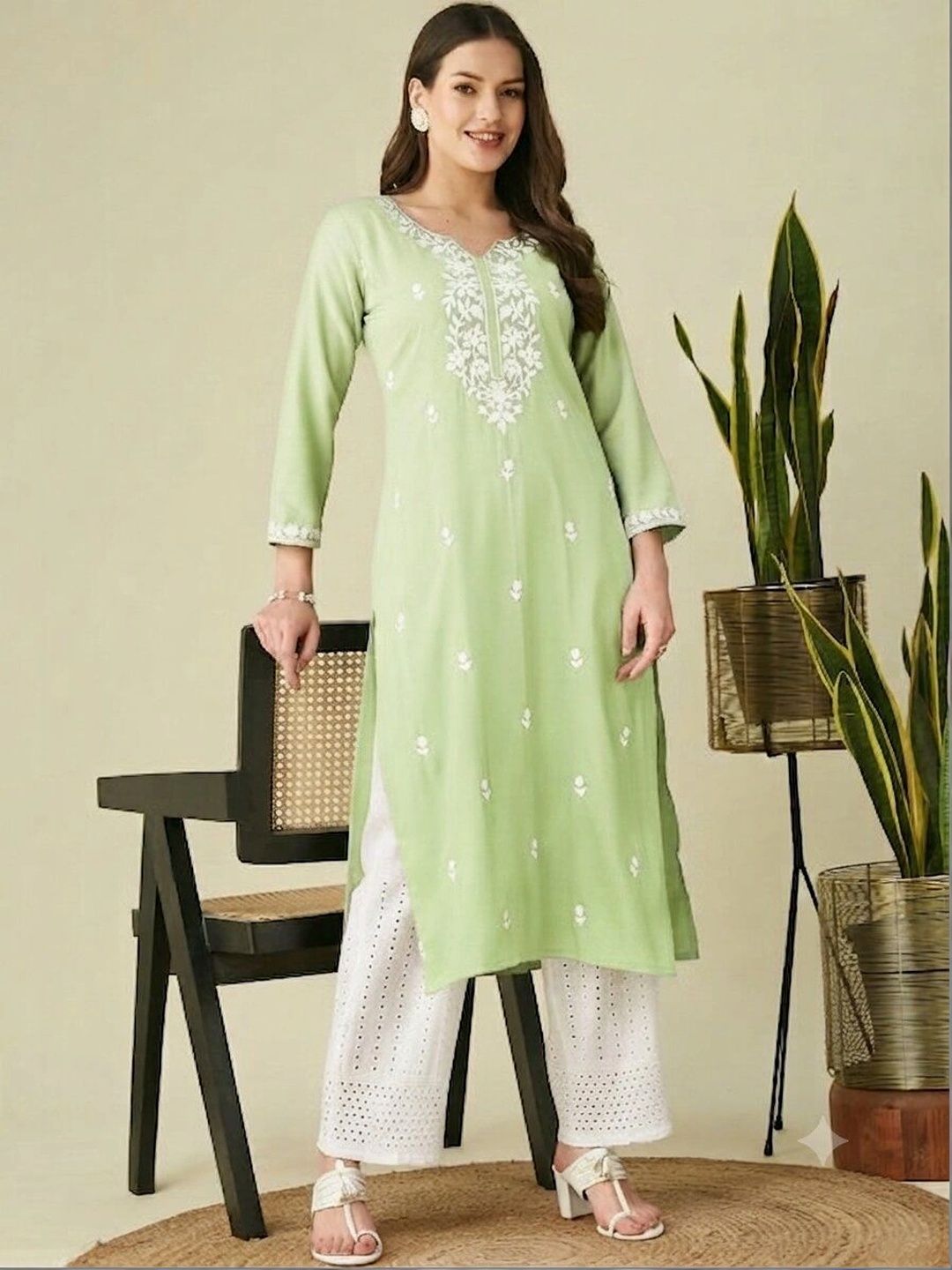 ROOP AYU Ethnic Motifs Embroidered V-Neck Chikankari Chikankari Kurti-picture-41