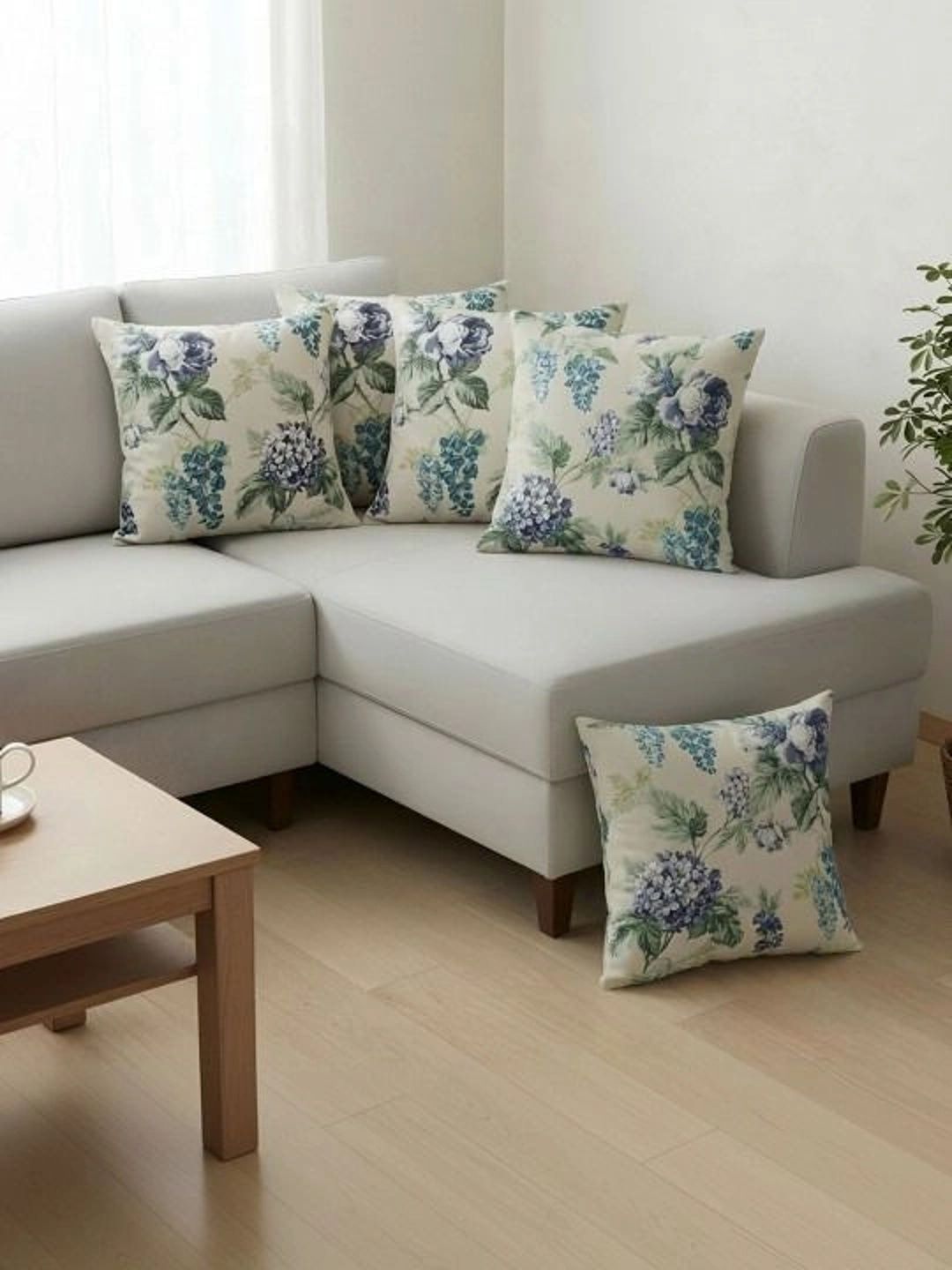 Aura Cream-Coloured & Blue Set of 5 Floral Square Cushion Covers-image-42