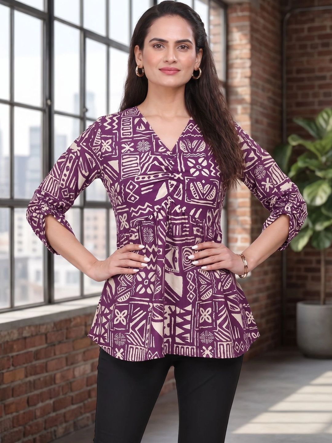 ZELZIS Print Roll-Up Sleeves Cotton Blend Top-picture-34