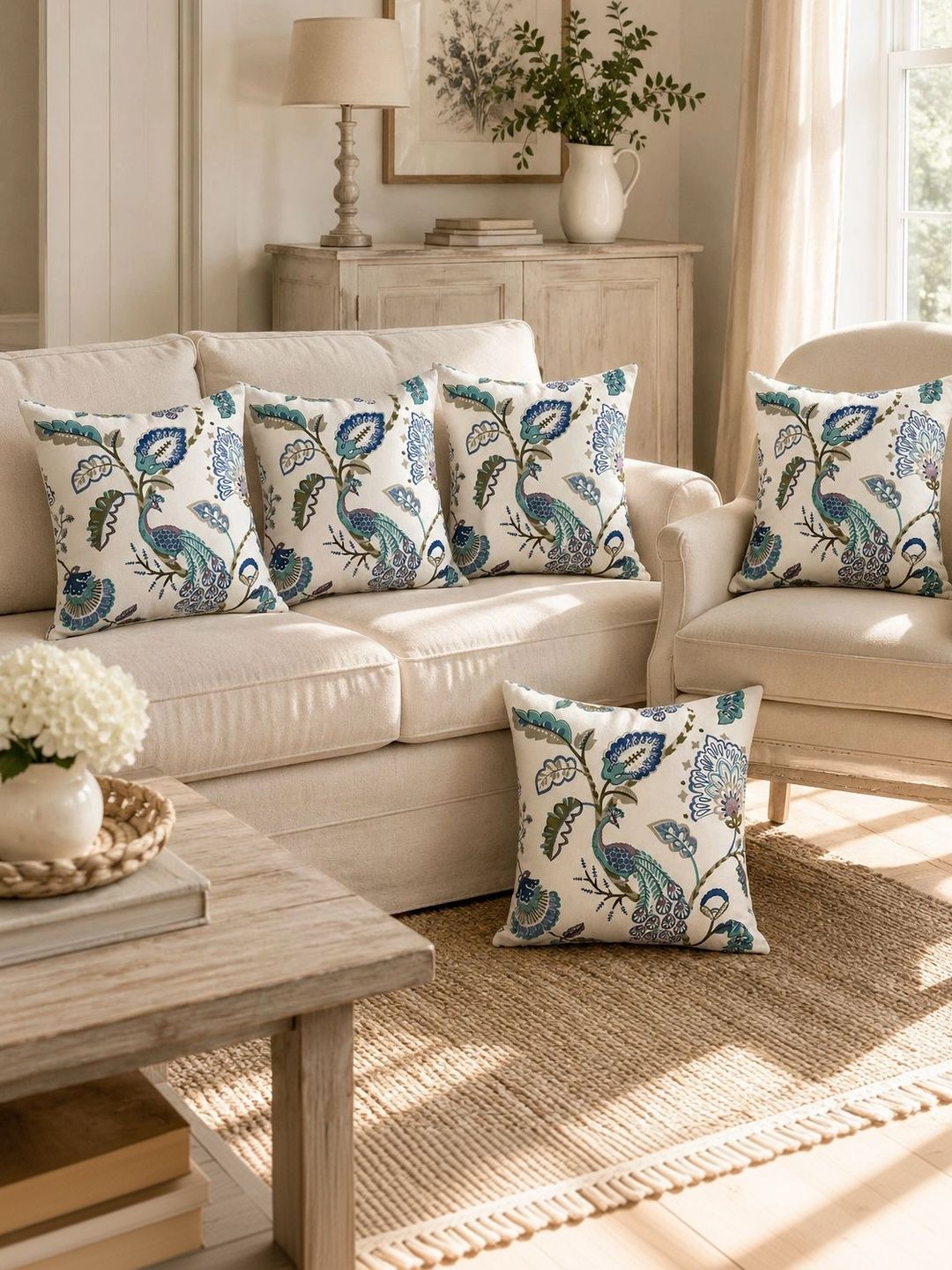 Myntra Elegant Homes Blue Set of 5 Floral Square Cushion Covers-image-23