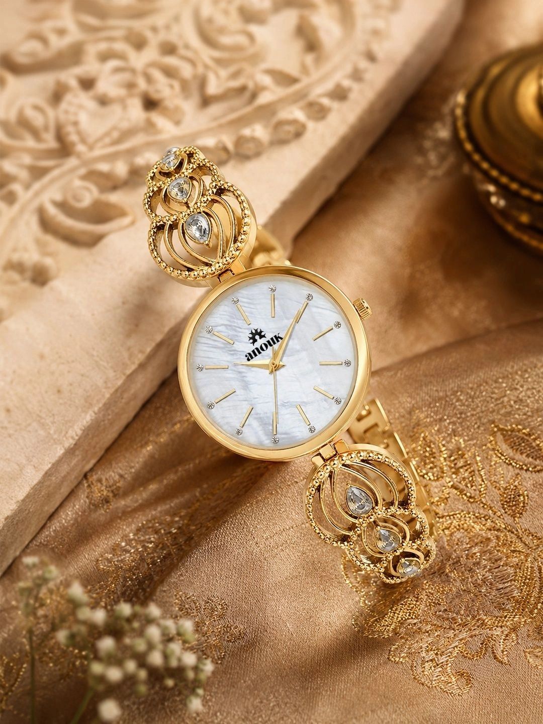 Anouk Women Brass Mother of Pearl Dial & Embellished Straps Analogue Date Aperture Watch ANW-065-WH-picture-21