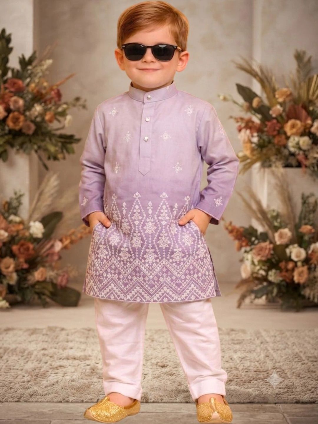 FASHION GRAB Boys Ethnic Motifs Embroidered Regular Thread Work Kurta with Trousers-picture-51