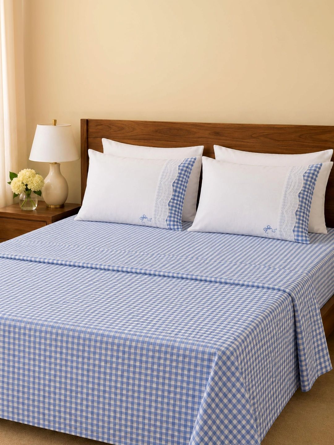 EcruE Blue & White 144 TC Checked King Bedsheet with 2 Pillow Covers-image-2