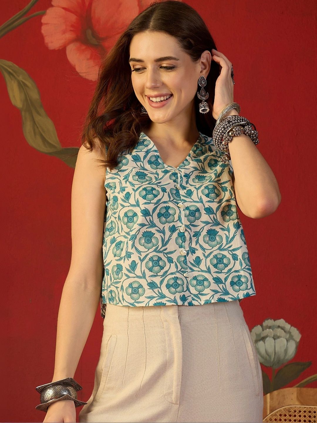 Sangria Floral Printed V-Neck Pure Cotton Kurti-picture-30