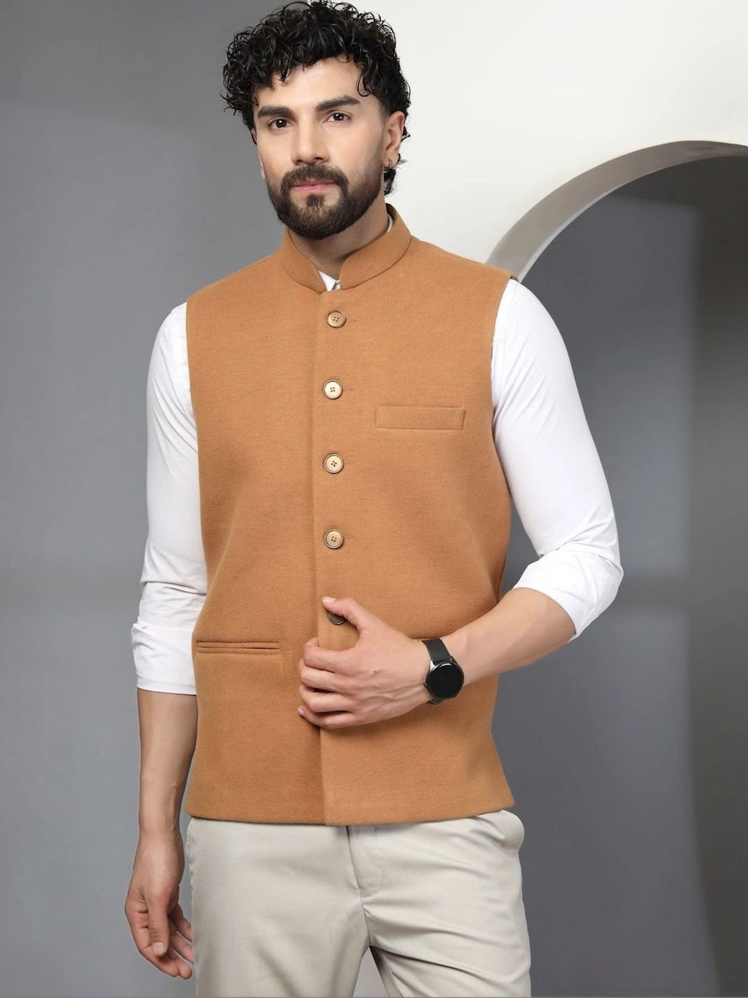 DEIFIC Mandarin Collar Woven Nehru Jackets-picture-19