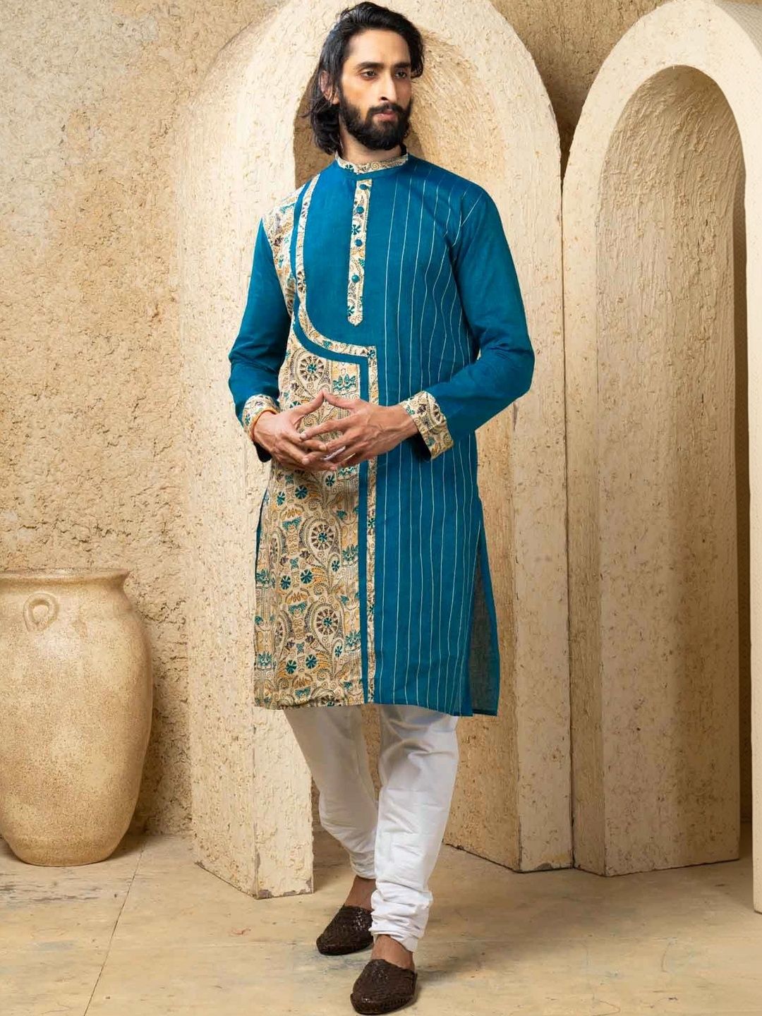 THE SHAHENSHA Men Ethnic Motifs Embroidered Regular Thread Work Raw Silk Kurta with Churidar-picture-32