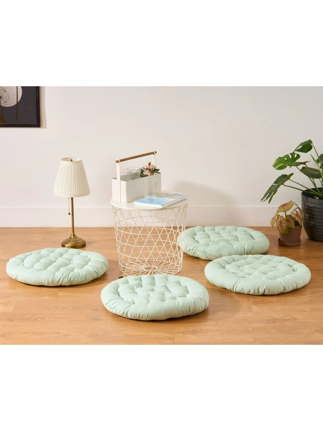 SKANDA FAB 4-Pcs Sea Green Pure Cotton Round Floor Cushions-picture-53