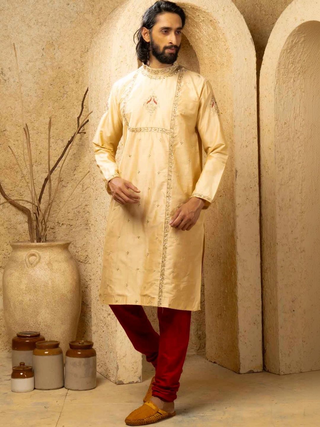 THE SHAHENSHA Men Ethnic Motifs Embroidered Regular Raw Silk Kurta with Churidar-picture-11
