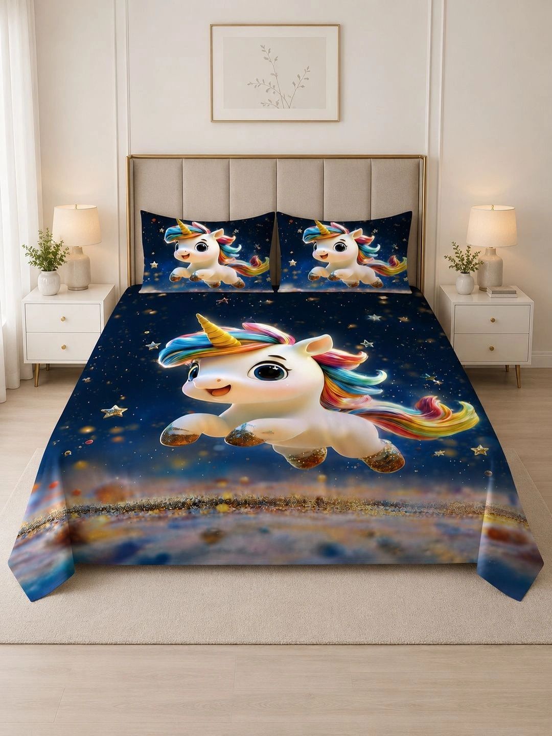 DECOR WELL Navy Blue & White Cartoon Characters 250 TC Bedsheet with 2 Pillow Covers-image-19