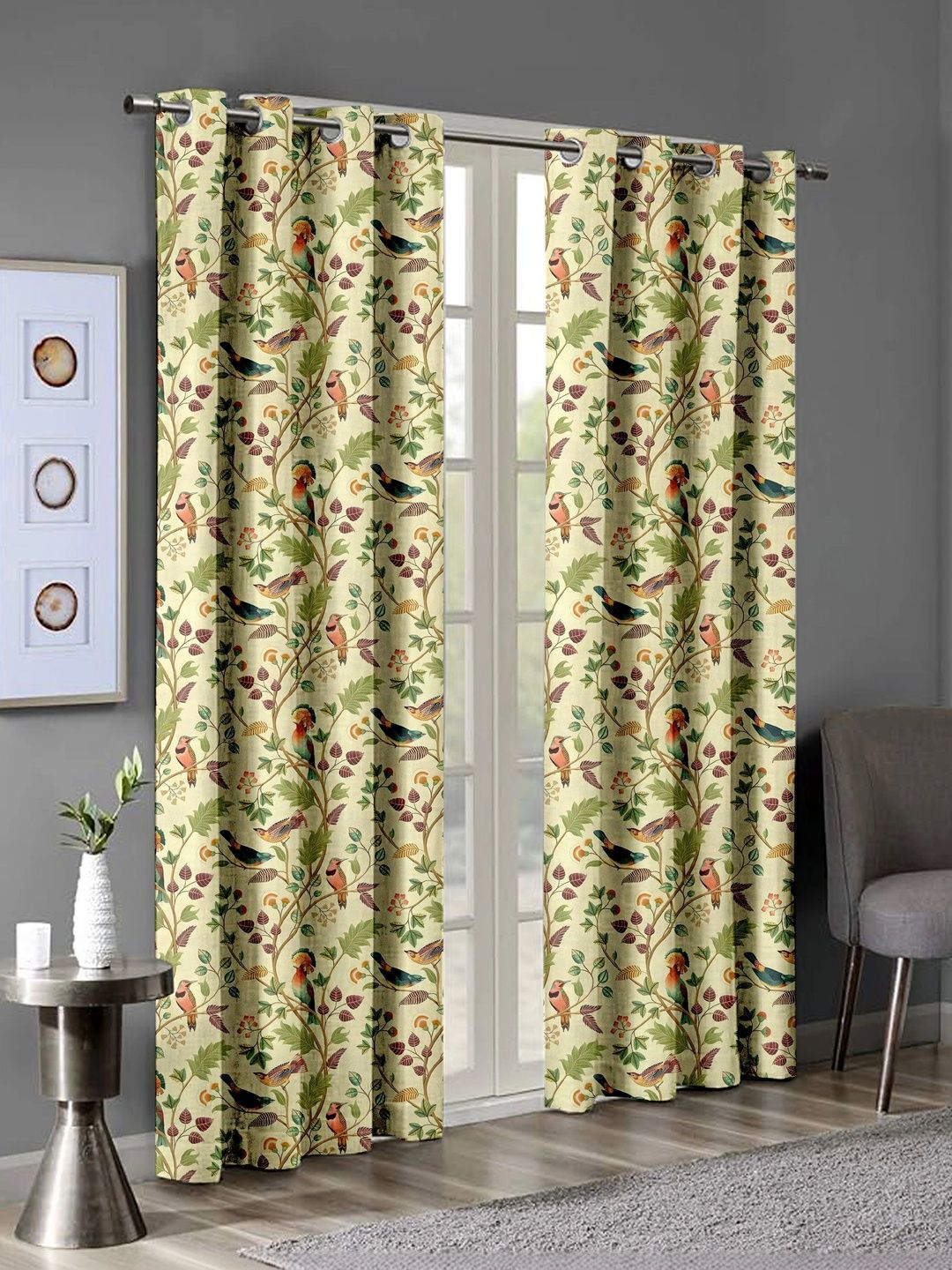 Myntra Elegant Homes Cream-Coloured & Green Set of 2 Floral Black Out Window Curtain-picture-19