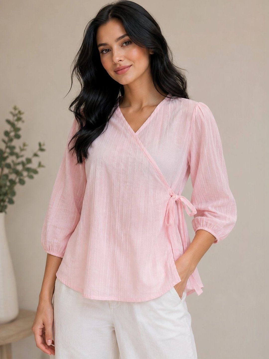 KATLINE Puff Sleeve Cotton Wrap Top-picture-45