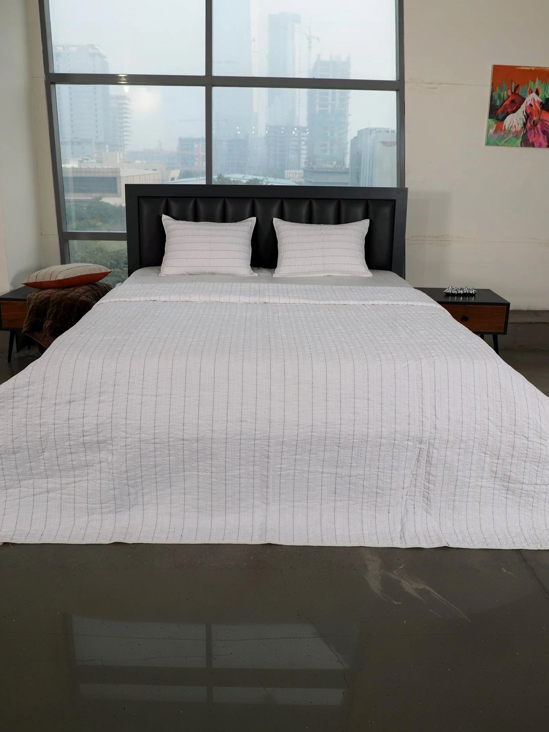EcruE Multicoloured & Grey Striped 110 TC King Bedsheet with 2 Pillow Covers-image-15